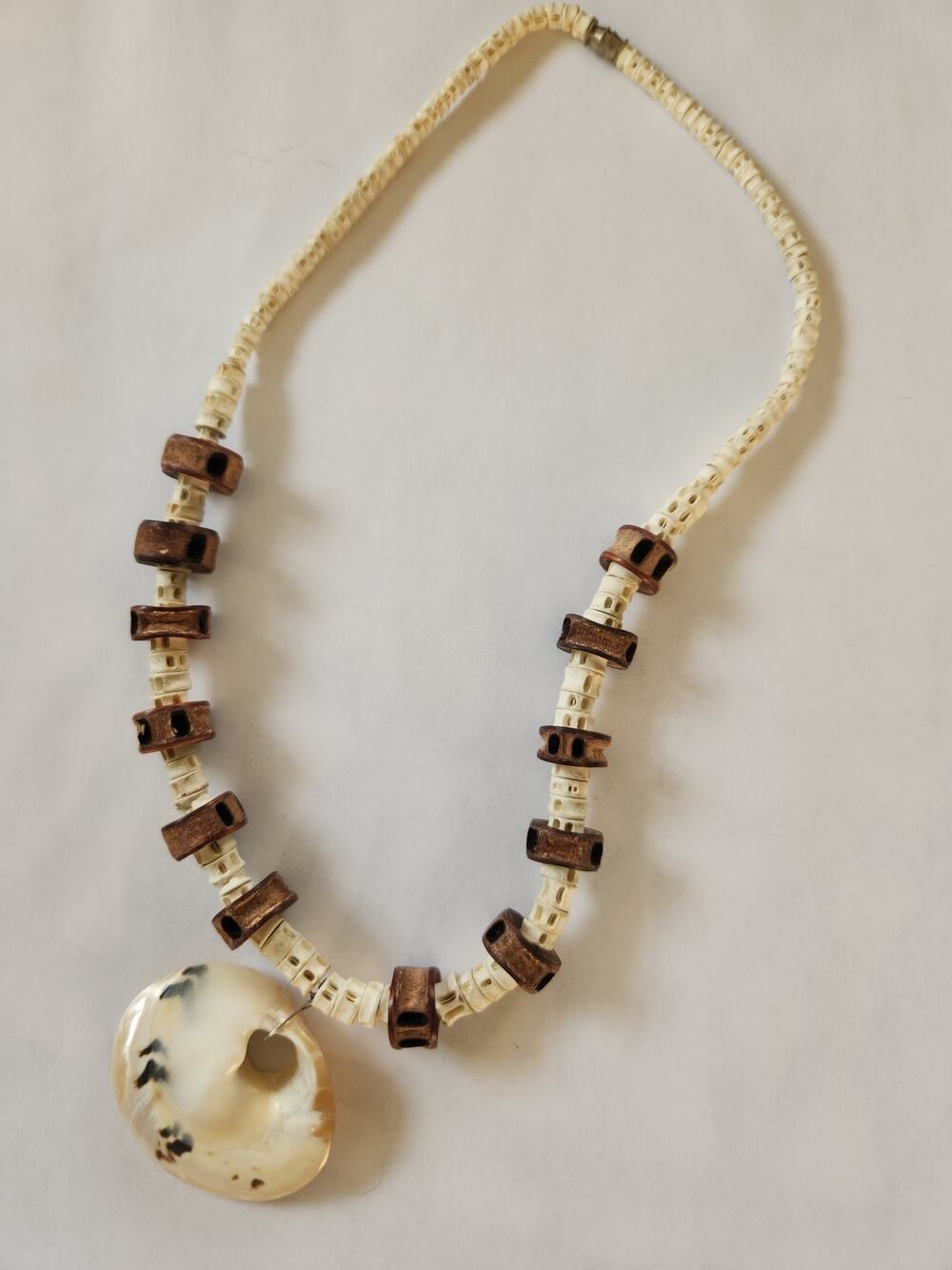 Natural Shell Bead Necklace Donut Pendant Wood Accent Coastal Statement